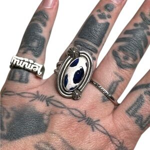 Sterling silver and Blue Oval Ring spotted Dalmatian cow print porcelain 8.5